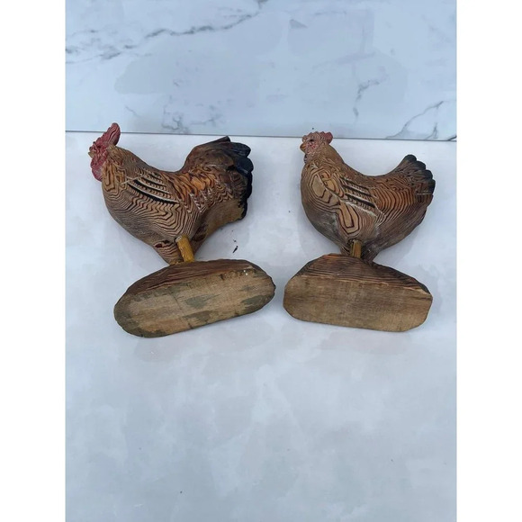 Decoration Antique Two Wooden Carved Rooster Brown Sz 10"x7" - Picture 6 of 11